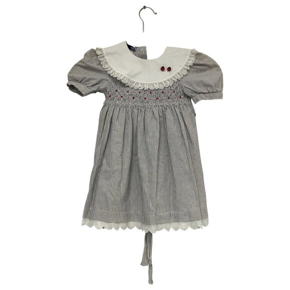Vintage Polly Flinders Girls Dress Size 4T Gray Striped Smocked Puff Sleeve NWT - Picture 1 of 8